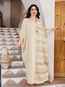 Elegante vestido árabe bordado en dorado JALABIA Bata de Ramadán con cuello de flecos en V, bajo con abertura y diseño geométrico cuadrado, último diseño para el Festival de Ramadán, verano 2026 - Albaricoque - Ver 7