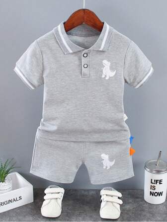 Infant Baby Boy Sets Summer Clothing Casual Sport Suit Short-Sleeved POLO Shirt + Shorts 2Pcs Set Kids Grey Dinosaur Print Tracksuit Boy's Suit