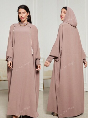 Women's Solid Color Shirred Batwing Tassel Drawstring Hoody Dress Daily Wear Islamic Clothes Prayer Abaya Robe,Modest