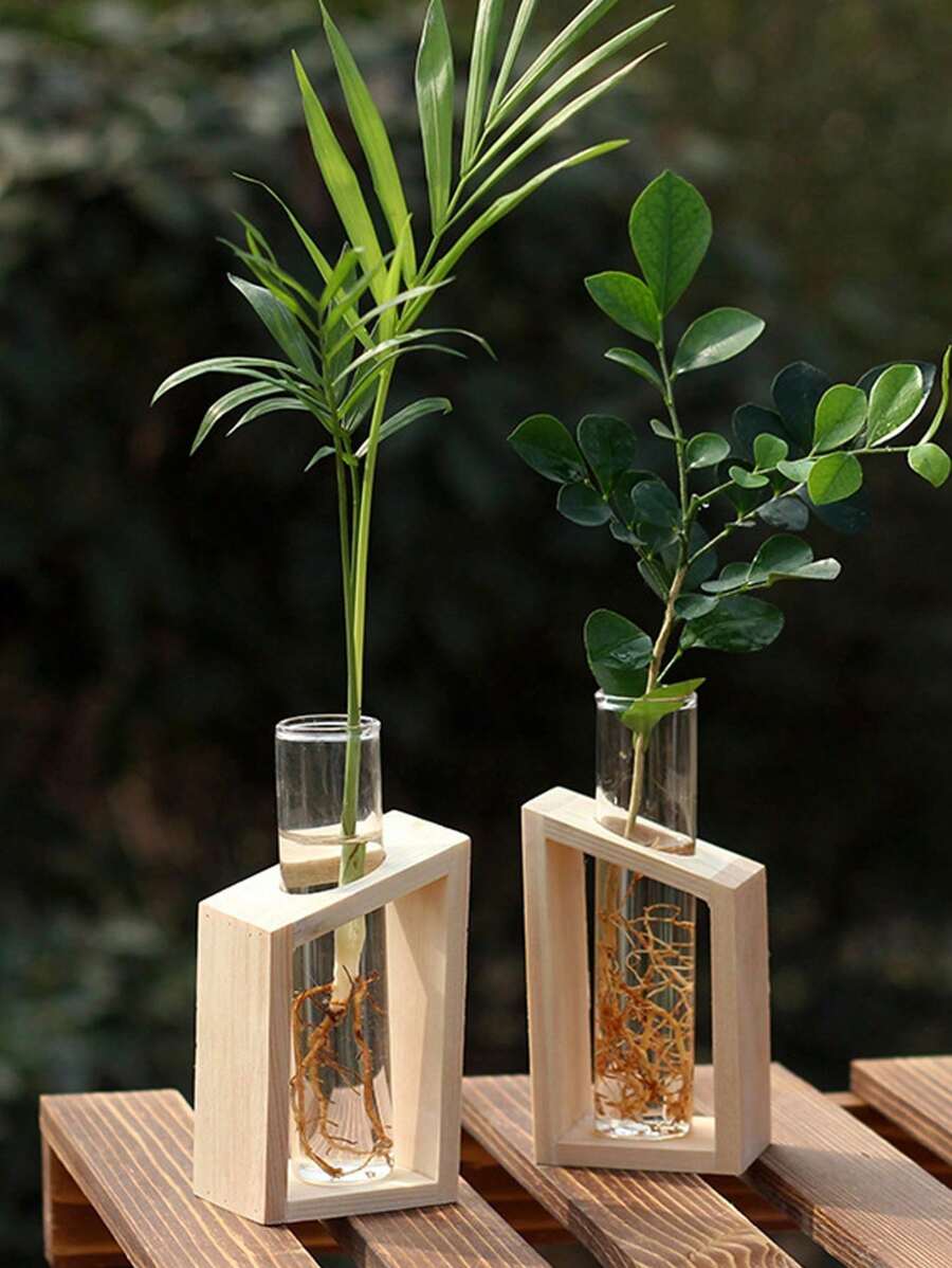 Christmas Decorations 1/2pcs Minimalist Home Office Desk Hydroponic Plant Test Tube Glass Vase,Crystal Glass Test Tube Vase In Wooden Stand Flower Pots For Hydroponic Plants Home Garden Decoration