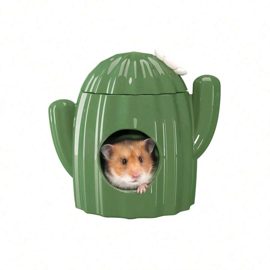 Hamster Hideout Ceramic - Cactus Shape Hamster House And Habitats Cool Bed Ideal For Summer Dwarf Hamster Gerbil Mice Golden Bear (Green-Large)