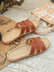 大码女式棕色圆头休闲拖鞋，轻便舒适的草绳鞋底沙滩凉鞋 - 鏽棕色 - 查看 7