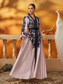 Vestido abaya con mangas acampanadas y bordado floral elegante, para fiesta, modesto, caftán de primavera, vacaciones, color rosa - Rosa - Ver 5