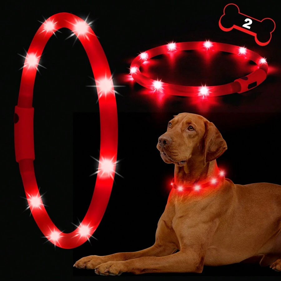 2-Pack LED Dog Collar, Light Up Dog Collars For Small Medium Large Dogs, Cuttable Dog Glow Collar, Glow In The Dark Dog Lights For Night Walking - Red - View 1