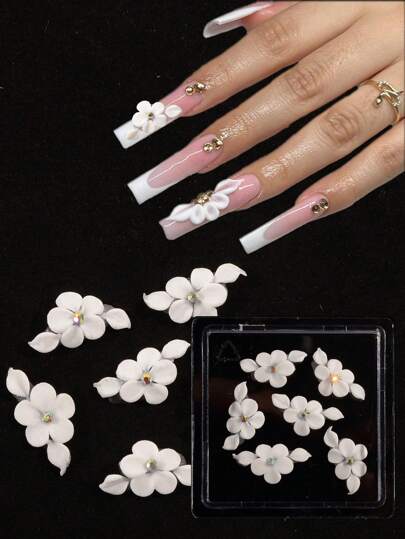 6Pcs 3D Handmade Acrylic Flower Nail Charms Luxury White Flower Rhinestones Nail Art Charms Hand Carve By Manicurist Acrylic Flower Decals Ins Nail Supplies For Girl Women Spring Summer Diy Nail Craft Nails Nail Gems