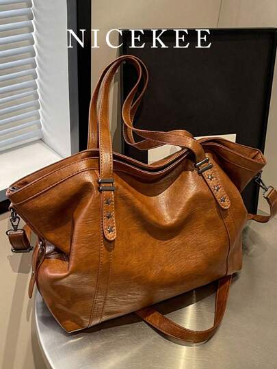 Fashionable Soft Leather Large Capacity Shoulder Crossbody Bag For Casual Commuting, Retro Solid Color, Star Studded Decoration, Casual Style Handbag For Women, Suitable For Daily Outings, Dates, Shopping, Work Commuting, Retro Inspired Vintage Bag For Women, New Arrival Tote Bags For Woman