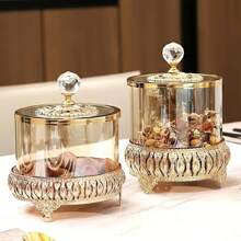 1pc European American Style Living Room Coffee Table Lace Candy Jar, Luxury Crystal Glass Storage Jar With Lid, Home Decor, Dry Flower Holder, Multi-Function Storage Box For Cleaning Swabs, Wet Wipes, Etc.