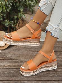 Plus Size Women's Fashion Elegant Orange Open Toe Rivet Strap Wedge Platform Sandals, Comfortable Versatile Daily Wear With Dresses