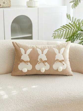 1pc Camel Embroidered Three Rabbits Decorative Pillow Case, Suitable For Indoor Decoration, All-Season Pom-Pom & Bow Decor Cover, Without Pillow Insert