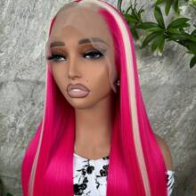 Peluca sintética de 28 pulgadas de color azul largo y recto con encaje frontal para mujeres. Peluca de cabello azul claro con iluminación, sin cola, con raíz preenlazada y línea del cabello natural para mujeres. - Rosa Fucsia - Ver 4