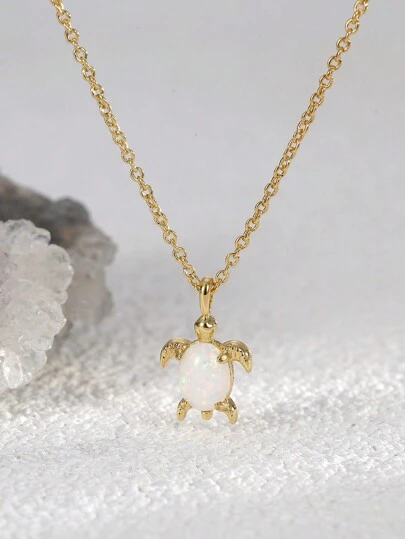 Charm-In 18 Karat vergoldete Halskette mit Schildkröte und Opalstein, Strandschmuck Geschenk für Freundin, Ehefrau, Mutter - Hypoallergenes, resistentes Damenhalskette