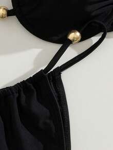 PEPPERMOLLY 新款柔软纯色可调节细肩带加垫优雅派对比基尼套装，夏季沙滩时尚女士比基尼度假黑色 - 黑色 - 查看 6