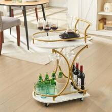 Gold Bar Cart, 2-Tier Home Bar Serving Cart With Wheels, Wine Rack & Glass Holder, Mobile Beverage Cart For Kitchen, Dining Room, And Living Room (Gold2)