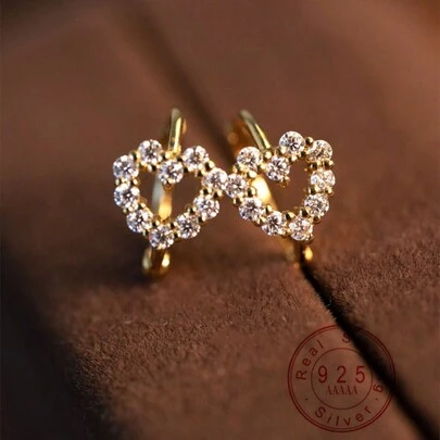 1 Pair 925 Sterling Silver & 18K Gold Plated Fashion Versatile Luxury Rhinestone Heart Shaped Earrings For Girl