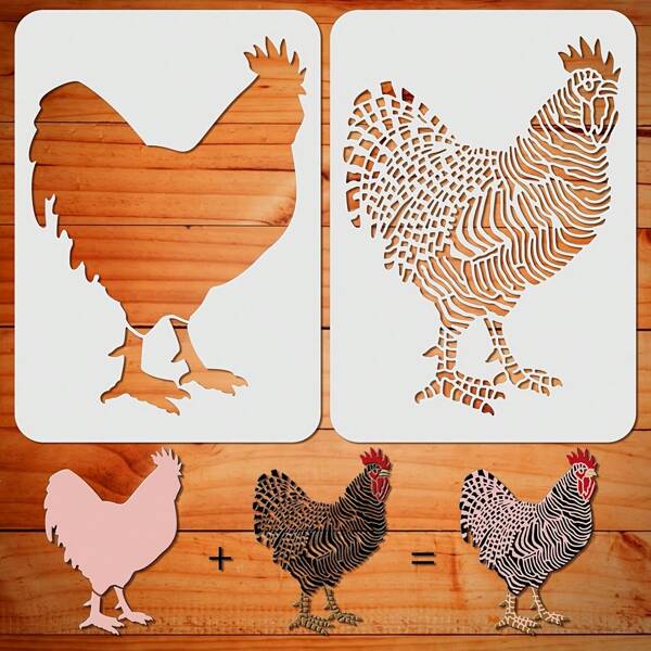 2 Pcs Layered Chicken Stencil Reusable Steampunk Painting Templates For Painting On Wood, Canvas, Paper, Fabric, Floors, Walls, And Tiles,Back To School,School Supplies