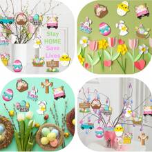 12pcs/24pcs/36pcs Spring Easter Wooden Decorations, Easter Eggs, Rabbits, Chicks, Carrots, Flower Trays, Happy Easter Hollow Wooden Hanging Ornaments, Best Gifts For Birthday, Party, Home, Classroom Decor - Multicolor - View 5