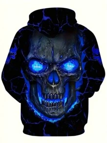 Men's 3D Skeleton Print Hoodie - Casual Pullover With Drawstring & Pockets, Polyester Knit Fabric, Regular Fit For Fall/Winter - Blue - View 1
