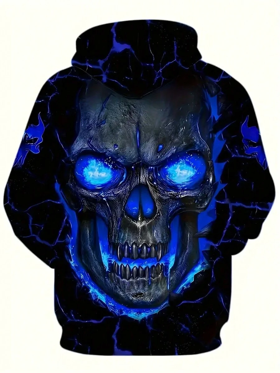 Men's 3D Skeleton Print Hoodie - Casual Pullover With Drawstring & Pockets, Polyester Knit Fabric, Regular Fit For Fall/Winter - Blue - View 1