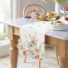 Cute Rabbit & Floral Easter Table Runner, Rabbit Vanity Table Cloth, Seasonal Holiday Kitchen Dining Table Decor For Indoor & Outdoor Home Party - Beige - View 3
