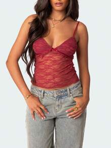 Y2k Lace Cami Tank Tops For Women Sexy Lace Trim Spaghetti Strap Camisole Backless Summer Going Out Crop Top - Màu Đỏ Sâu - Xem 1