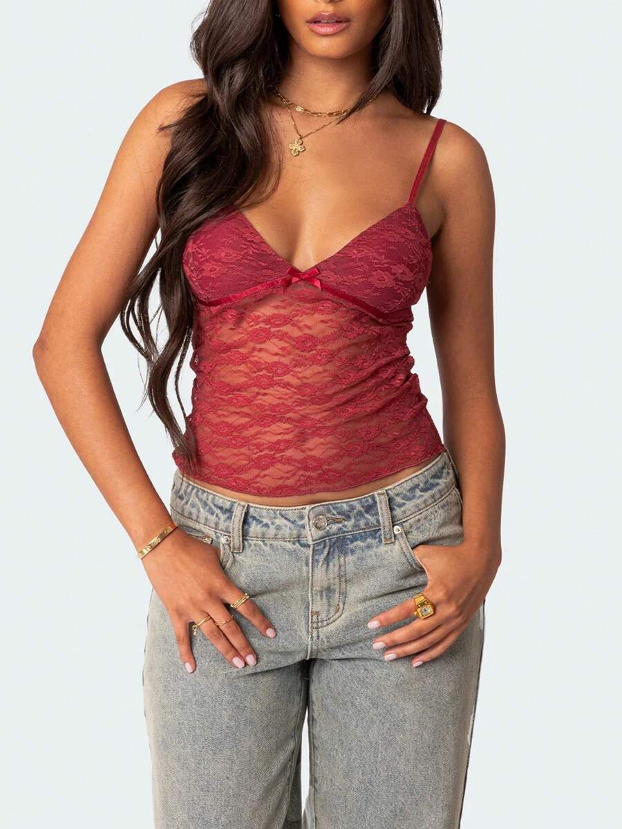 Y2k Lace Cami Tank Tops For Women Sexy Lace Trim Spaghetti Strap Camisole Backless Summer Going Out Crop Top - Màu Đỏ Sâu - Xem 1