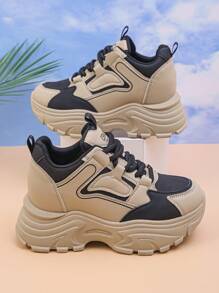 Women's Platform Sneakers, Fashion Versatile Lace-Up Round Toe Contrast Color Casual Shoes, Slimming And Height Increasing - Black - View 1