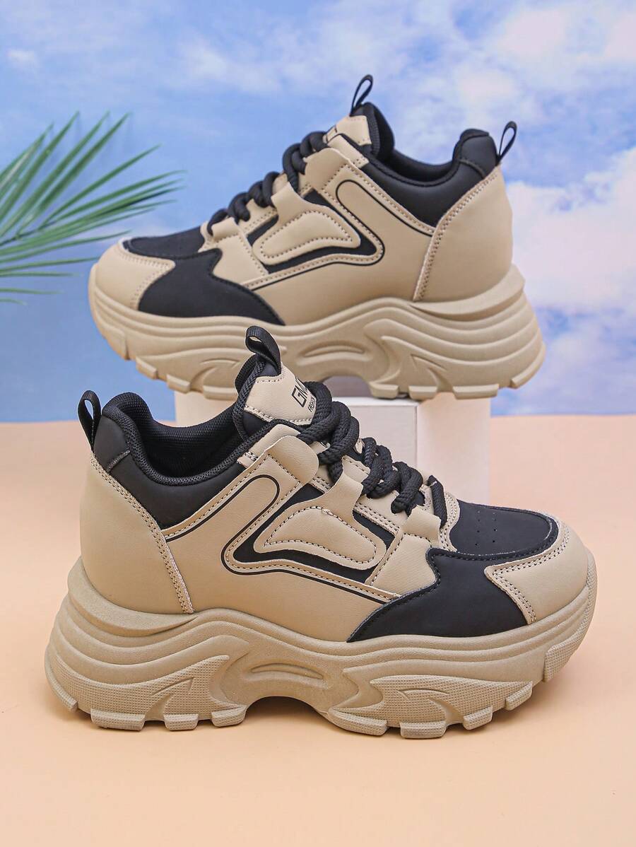 Women's Platform Sneakers, Fashion Versatile Lace-Up Round Toe Contrast Color Casual Shoes, Slimming And Height Increasing - Black - View 1
