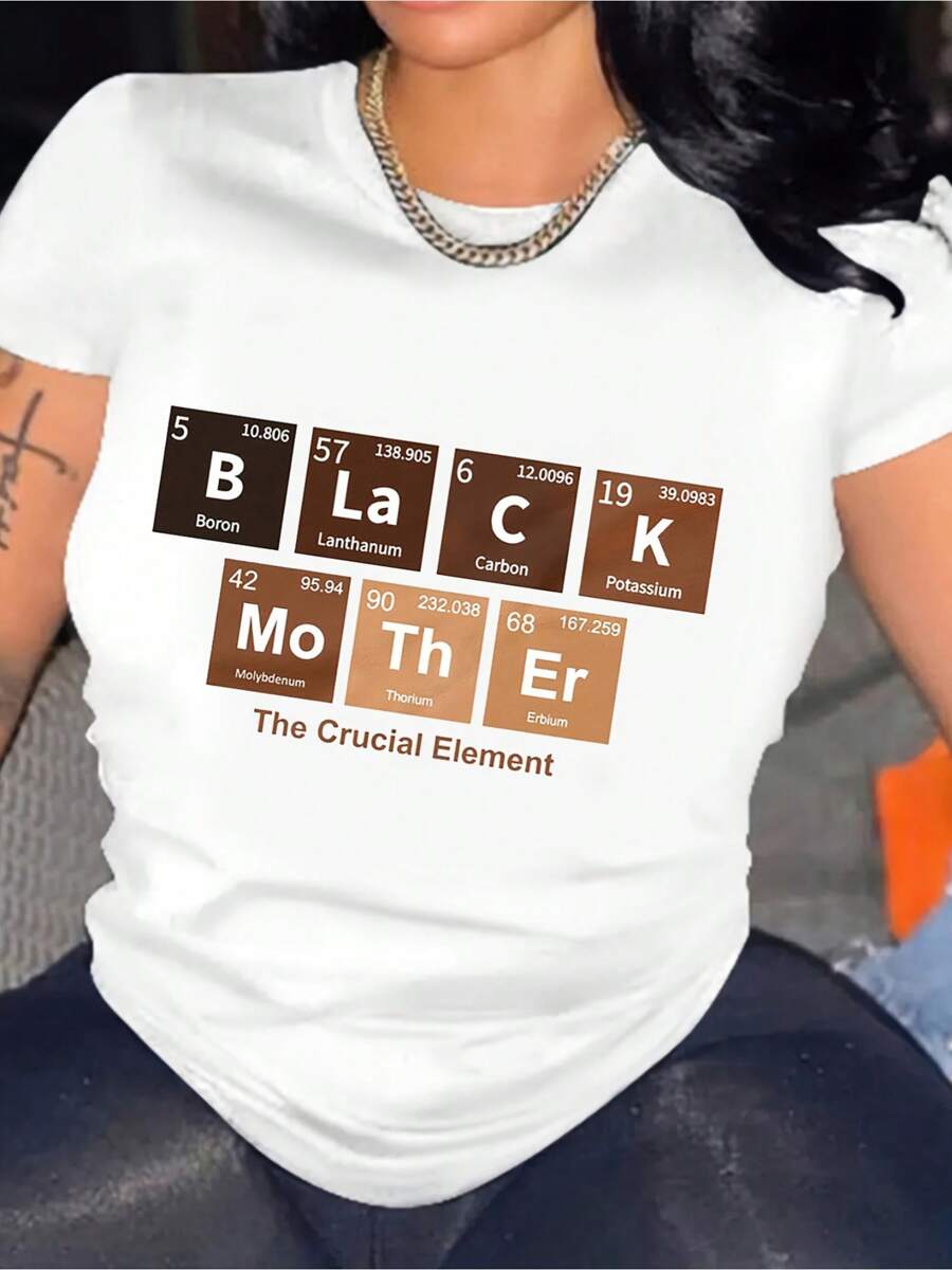 Women'S Casual Crew Neck T-Shirt With Elemental Periodic Table Applique, Polyester & Spandex Knit Fabric, Short Sleeve Top For Spring/Summer, Mother'S Day Gift Idea - trắng - Xem 1
