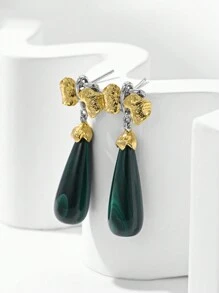 1 Pair 925 Sterling Silver Luxury Vintage Peacock Stone Pendant Earrings, Golden Floral Petal & Delicate Leaf Design Jewelry, Displaying Elegant Feminine Charm, Suitable For Formal Occasions Like Gala And Wedding