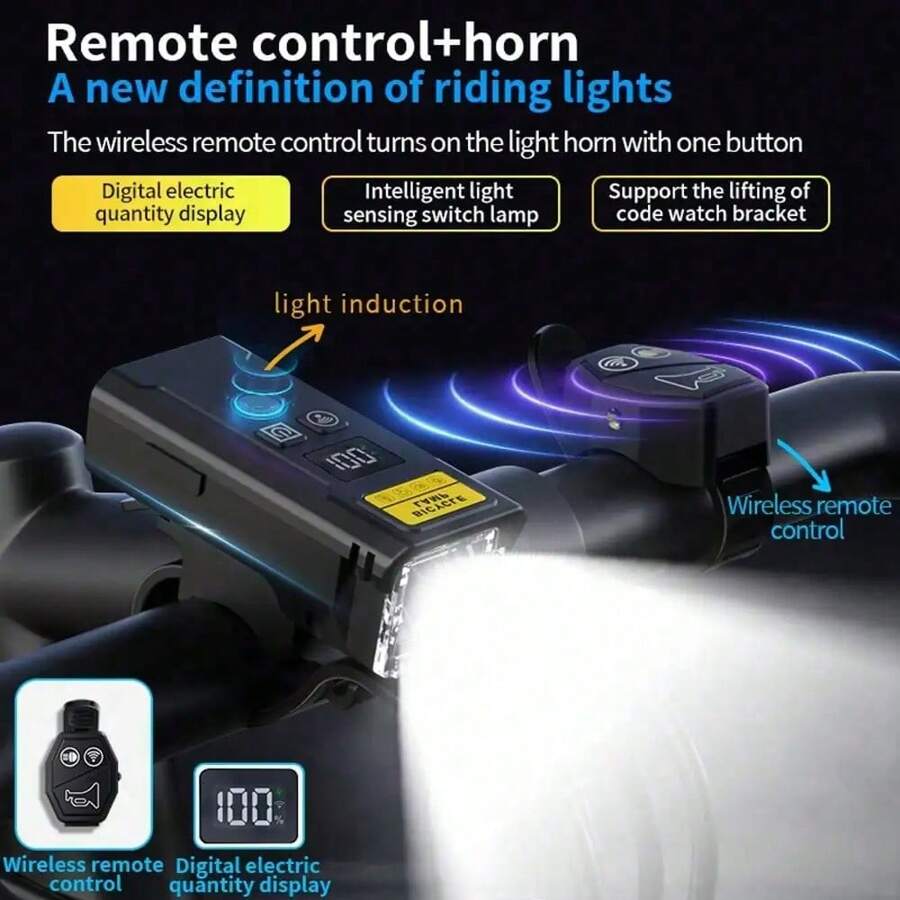 1 件新款自行车智能灯传感器前灯，Type-C 可充电无线遥控显示自行车灯 - 彩色 - 查看 1