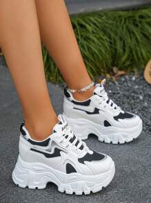 Women's Platform Thick Sole Sneakers, Spring/Autumn Chunky Chunky Sneakers, Low-Top Casual Shoes For Petite, Anti-Slip & Breathable Fabric Lining, Shock-Absorbing