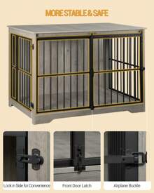 HEXCELEN XL Large Dog Crate Furniture, Dog Cage, 44.1" Indoor Dog Kennel Furniture With Barn Door, Wooden Tall Dog Crate, Heavy Duty Dog Cage For Large Dogs, Side End Table, Anti-Chew,Greige Black - 灰色 - 查看 4