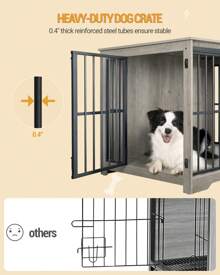 HEXCELEN XL Large Dog Crate Furniture, Dog Cage, 44.1" Indoor Dog Kennel Furniture With Barn Door, Wooden Tall Dog Crate, Heavy Duty Dog Cage For Large Dogs, Side End Table, Anti-Chew,Greige Black - 灰色 - 查看 3