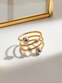 Uworld 1Pc French Hollow Asymmetrical Open Ring Line Design Personalized Creative Stainless Steel Ring 18K Gold-Plated Women's Modern Minimalist Ring Suitable For Daily Wear HHoliday Party Festival Etc. - Metal Ball Design - View 3