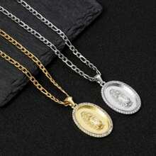dollrinboy 1 st. 14K vergulde Guadalupe Maagd Maria ovale hanger ketting voor vrouwen mannen Zirconia inlay Maagd Maria 3mm platte Figaro ketting