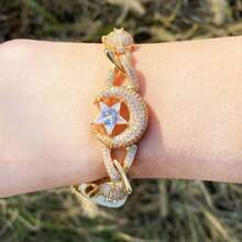 DUBSS 1 pezzo Braccialetto da uomo con catena intarsiata di stelle e luna, in rame vero con cubiti di zirconia, gioielleria hip hop