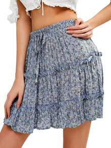 Women's Ruffle Floral Short Skirt High Waist A-Line Tie-Up Pleated Skirts For Summer - 藍色 - 查看 2