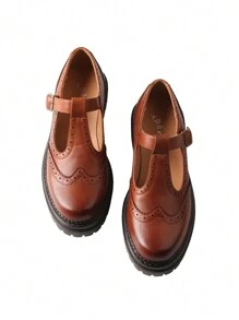 Women's Round Head Thick Bottom Chunky Heel Single Shoes T Buckle Strap Mary Jane Women's Shoes - 棕色 - 查看 9