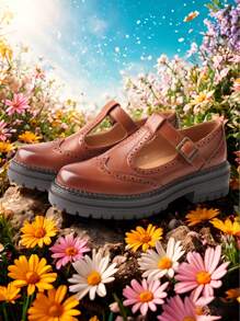 Women's Round Head Thick Bottom Chunky Heel Single Shoes T Buckle Strap Mary Jane Women's Shoes - 棕色 - 查看 4