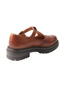 Women's Round Head Thick Bottom Chunky Heel Single Shoes T Buckle Strap Mary Jane Women's Shoes - 棕色 - 查看 7