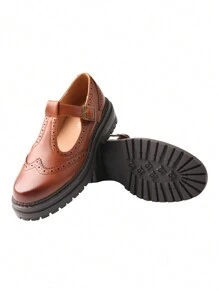 Women's Round Head Thick Bottom Chunky Heel Single Shoes T Buckle Strap Mary Jane Women's Shoes - 棕色 - 查看 8