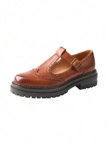 Women's Round Head Thick Bottom Chunky Heel Single Shoes T Buckle Strap Mary Jane Women's Shoes - 棕色 - 查看 6