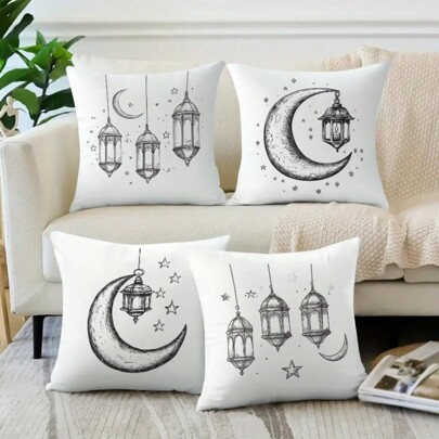 4 peças/conjunto de capas de travesseiro, padrões de estrelas, luas e lâmpadas, material de pelúcia macio - 45 cm x 45 cm - decoração para casa - confortável, artigos para festas internas/externas, respirável (sem enchimento de travesseiro)