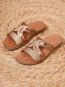 Flache Sandalen für Damen Große Größen, Ausschnitt Kreuz Grenze flache Strass Beach Damenschuhe, Boho bequeme Damenschuhe Sommer - Champagnerfarben - Übersicht 6