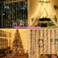 1PC 19.6ft X 9.8ft 600 LEDS 8 Lighting Modes Fairy Copper Light With Remote Colorful Window Curtain String Lights, USB Powered Waterproof For New Year Christmas Bedroom Party, Wedding Home Garden Wall Decorations - 暖白光 - 查看 6