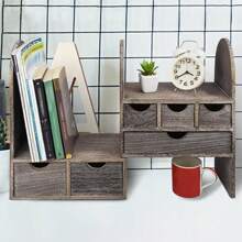 Expandable Wooden Desktop Organizer Rack, Suitable For Office Supplies, Extendable Book Storage Shelf, Fixed Partition Support, Coffee Color - Brown - View 4