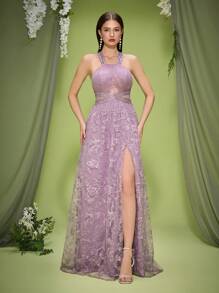 Anpoket 花卉蕾丝边细肩带透明刺绣喇叭形下摆晚礼服、派对礼服、婚礼宾客礼服、正式礼服、长袍 - 紫丁香色 - 查看 4