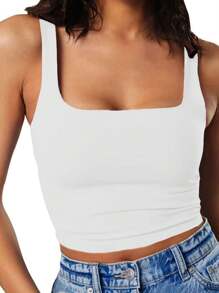 HIGHFINE Women's Square Neck Cropped Tops, Basic Sleeveless, Tight Vests, Casual Vests - 白色 - 查看 1