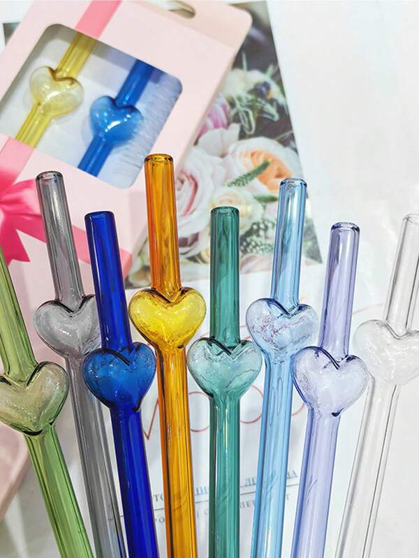 2 pajitas de vidrio con 1 cepillo para pajitas, pajitas reutilizables de 8 mm, pajita con forma de corazón, regalo para el Día de la Madre, útiles escolares