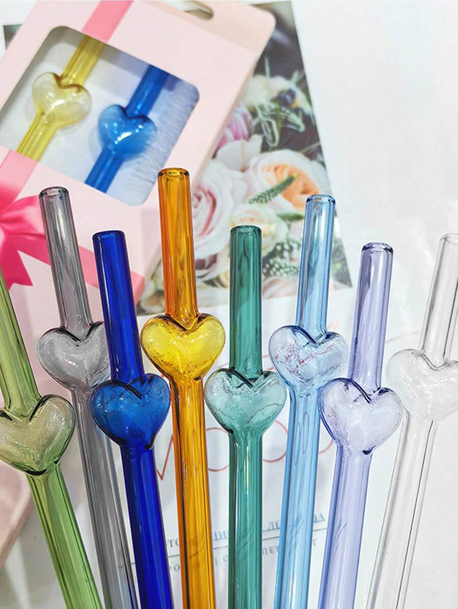 6支玻璃吸管，配1个吸管刷，8毫米可重复使用玻璃吸管，心形吸管，礼品装 - 彩色 - 查看 1